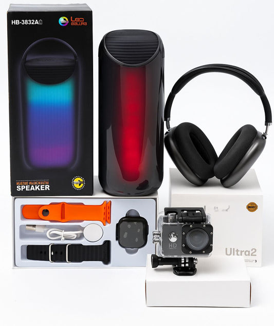 COMBO AVENTURERO (AIRPODS + PARLANTE + SMARTWATCH + CAMARA)