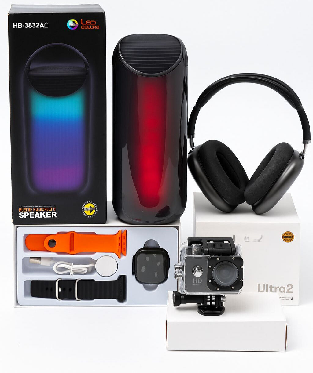 COMBO AVENTURERO (AIRPODS + PARLANTE + SMARTWATCH + CAMARA)